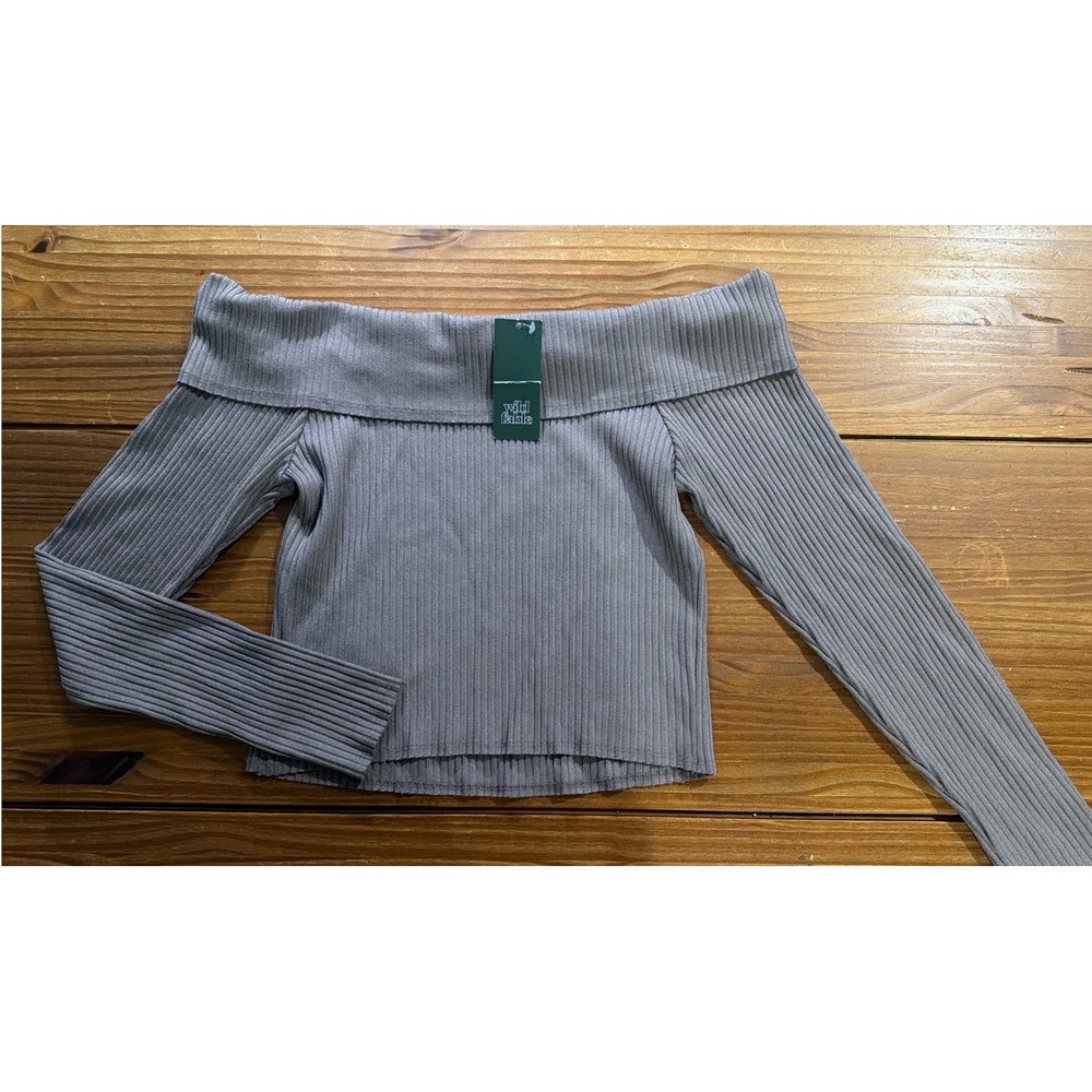 Wild Fable Womens Grey Ribbed Off The Shoulder Long Sleeve Crop Top large